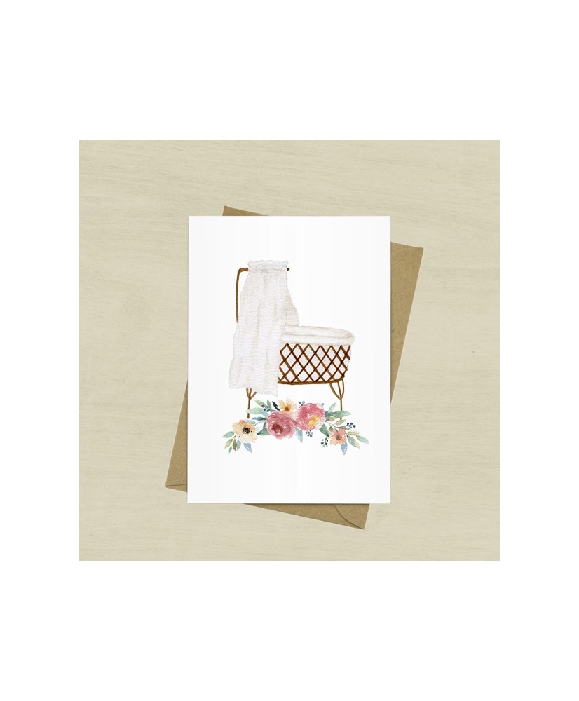 Tarjeta con sobre - Cunita blanca con flores