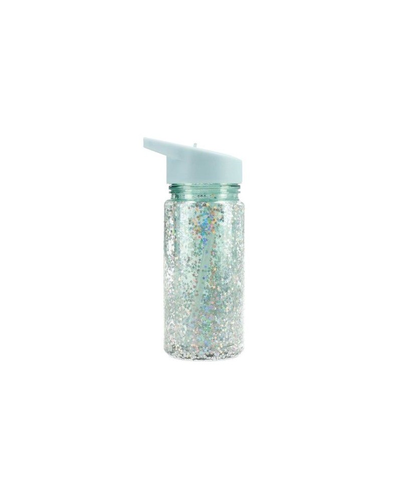 Botella Plástico con Pajita Glitter Stars Turquoise. Tutete
